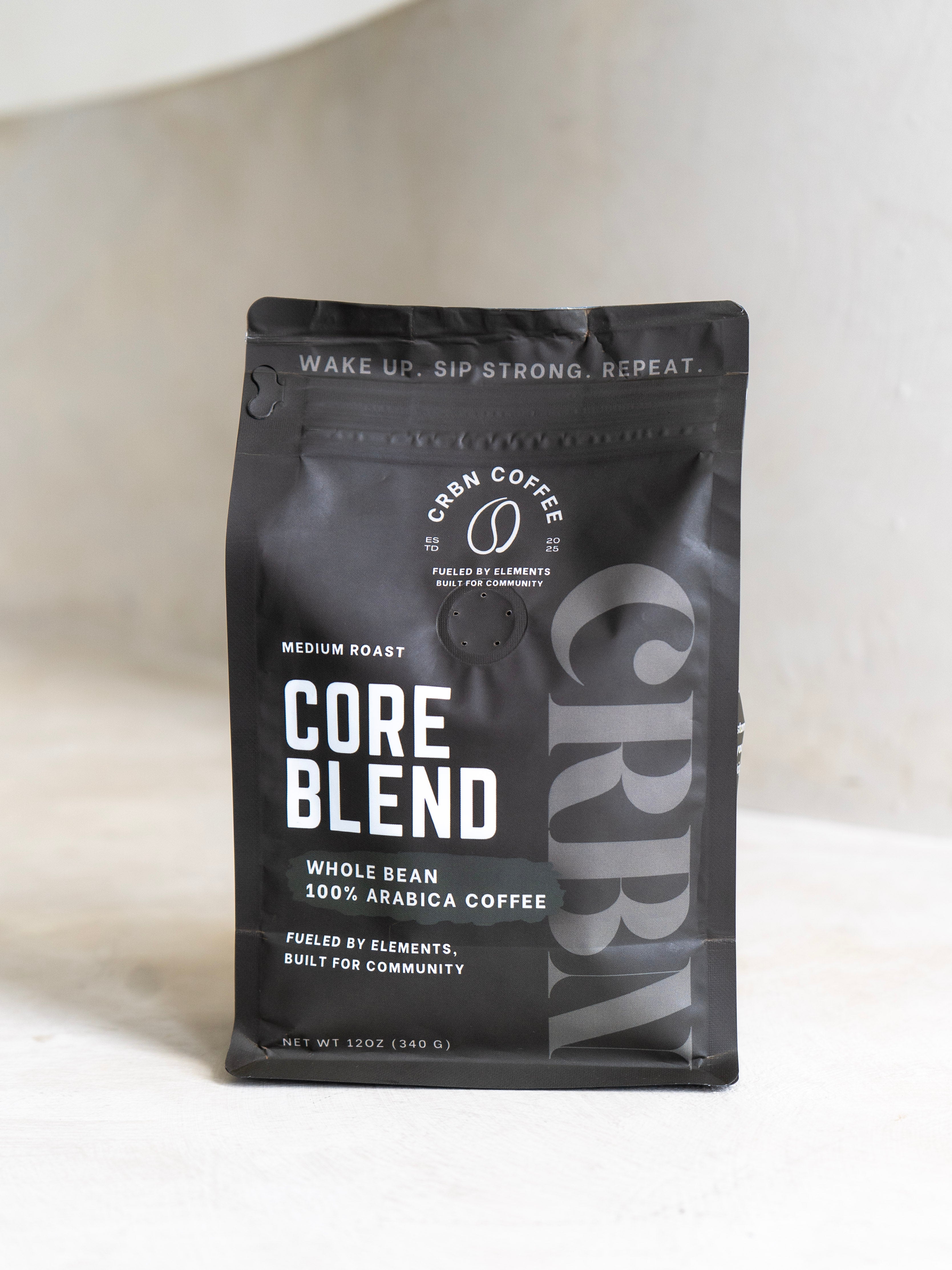 Coffee package labeled 'Core Blend' on a white background